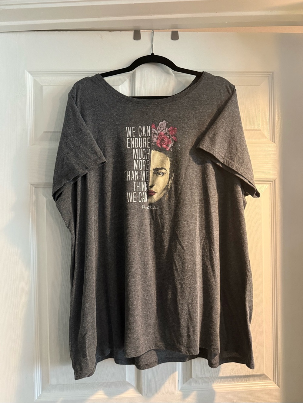 Gray Frida Kahlo Graphic Tee with Floral Accent